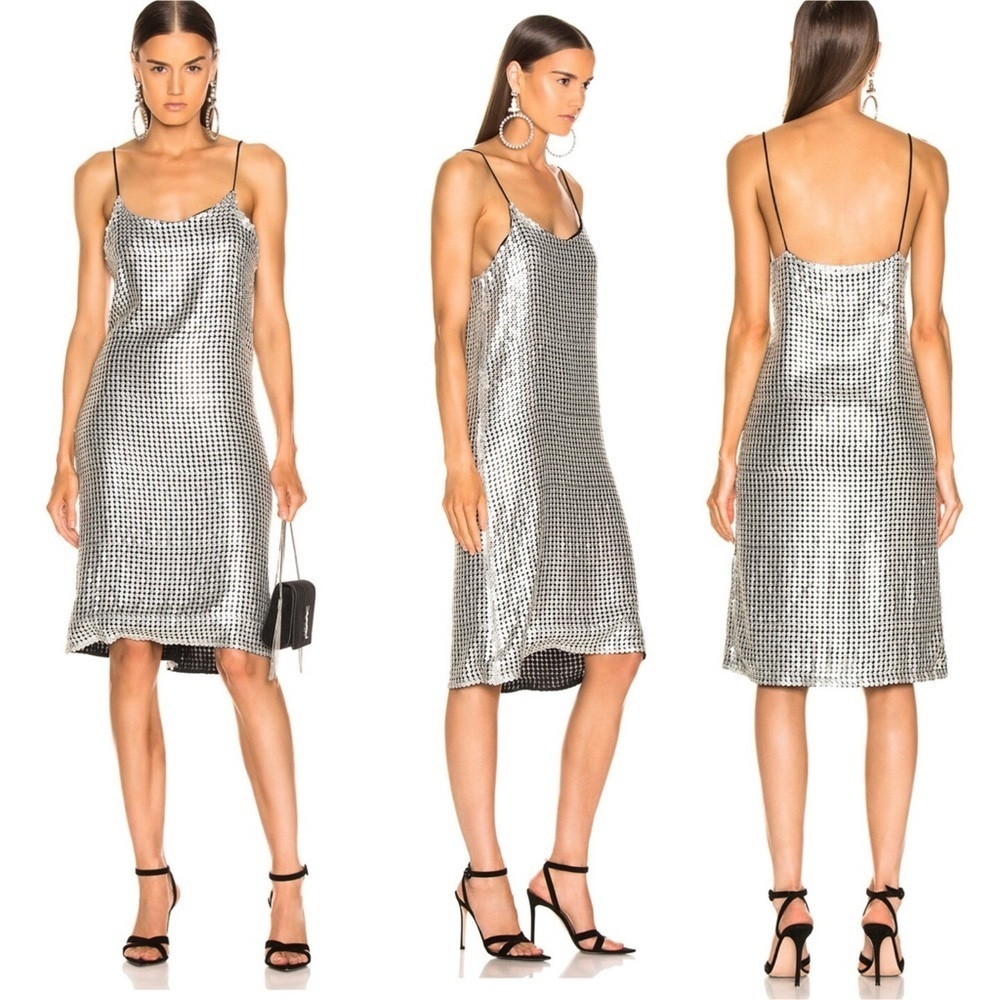 DODO BAR OR Etta Silver Metallic Sequin Spaghetti Strap Midi Slip Dress small